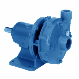 Blue industrial centrifugal pump mounted on a base with inlet and outlet threads visible, used for fluid transfer
