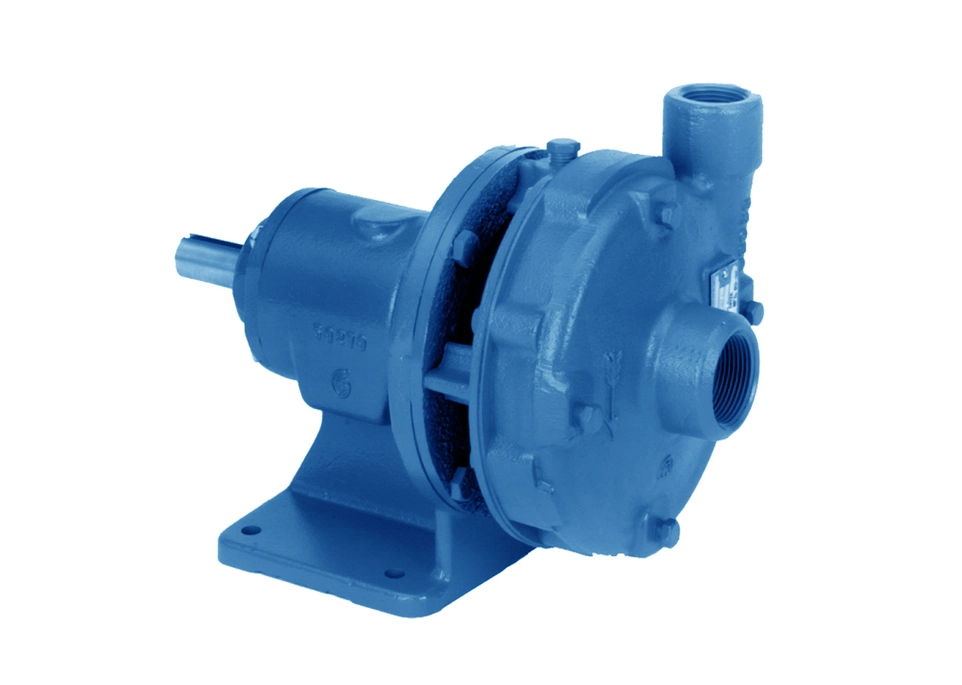 Blue industrial centrifugal pump mounted on a base with inlet and outlet threads visible, used for fluid transfer