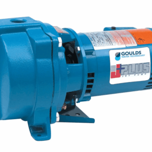 Blue Goulds jet pump with mounting base and label reading 'Goulds Water Technology +PLUS Jet Pump' viewed from side.