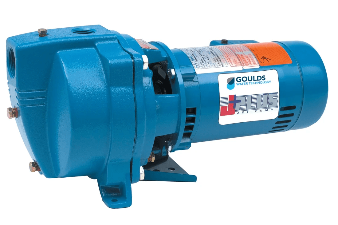 Blue Goulds jet pump with mounting base and label reading 'Goulds Water Technology +PLUS Jet Pump' viewed from side.