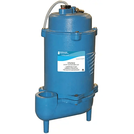 Blue vertical industrial pump/receiver with a top hose connection, mounted on a curved base, Goulds label visible on the body.