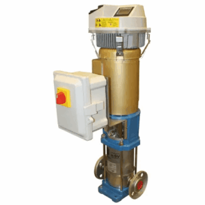 Vertical industrial pump assembly: electric motor atop a gold-colored housing with a control box and blue mounting bracket.