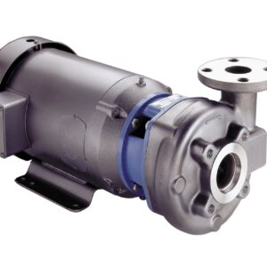 Industrial centrifugal pump with gray housing, blue coupling, and flanged inlet/outlet on a mounting base