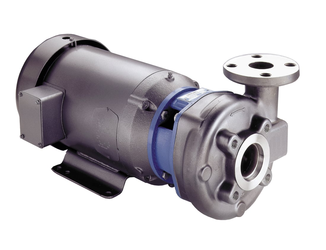 Industrial centrifugal pump with gray housing, blue coupling, and flanged inlet/outlet on a mounting base