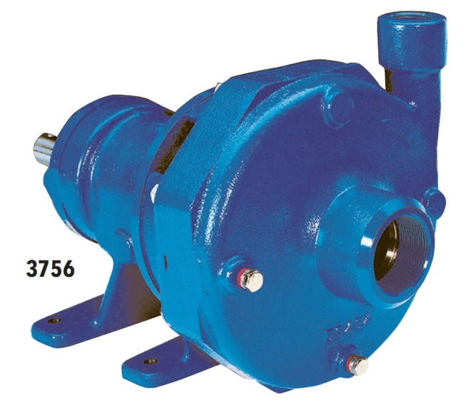 Blue industrial centrifugal pump with side inlet and two base mounting feet (model 3756).