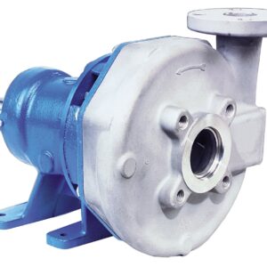 Industrial centrifugal pump with blue base and silver housing, round inlet flange facing forward, used for fluid transfer in plants.