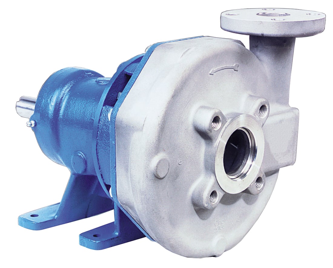 Industrial centrifugal pump with blue base and silver housing, round inlet flange facing forward, used for fluid transfer in plants.