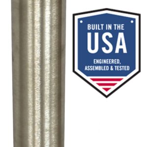 Vertical stainless steel submersible water pump with a Goulds label (model 45GS50) and a USA-built badge nearby.
