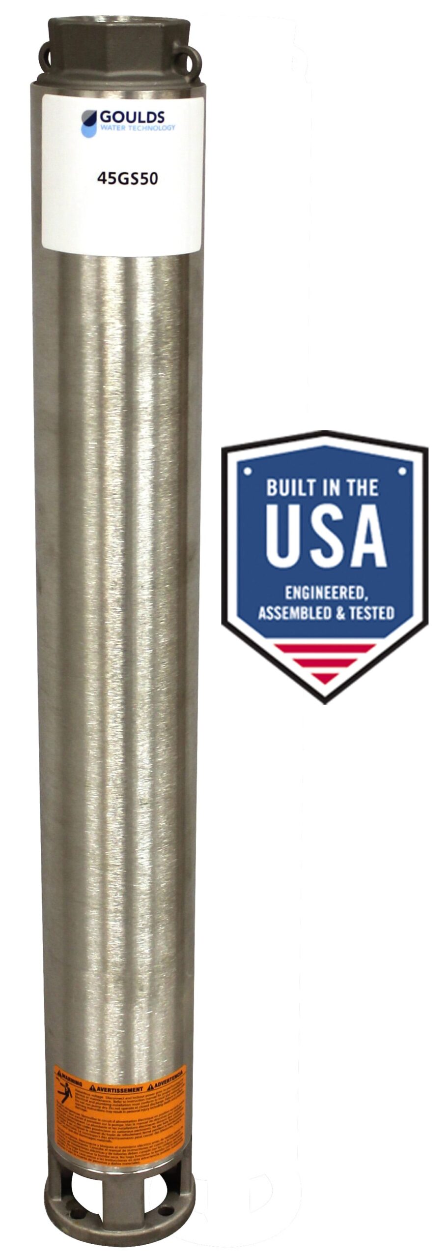 Vertical stainless steel submersible water pump with a Goulds label (model 45GS50) and a USA-built badge nearby.