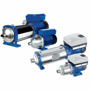 Group of stainless steel centrifugal water pumps with blue electric motors arranged together, used for industrial pumping systems.