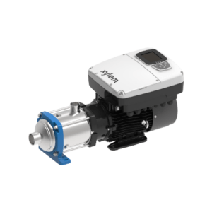 Electric motor connected to a silver-and-blue centrifugal pump with a compact digital controller on top of the unit