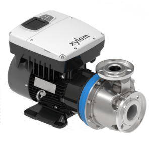 Industrial electric motor connected to a stainless steel centrifugal pump for fluid transfer (compact unit).