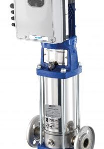 Vertical submersible water pump with top-mounted control box on a blue mounting frame, featuring stainless steel columns and flange connections.