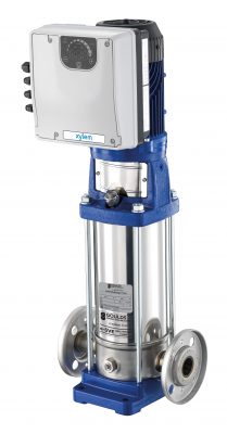 Vertical submersible water pump with top-mounted control box on a blue mounting frame, featuring stainless steel columns and flange connections.