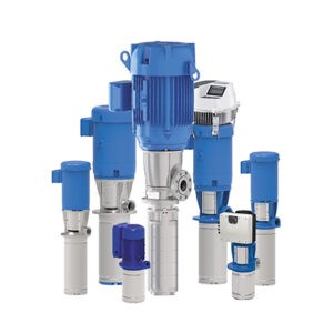 Cluster of blue and silver industrial submersible pumps of varying sizes.
