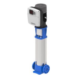 Vertical submersible multistage water pump with a blue mounting frame and top motor/controller.