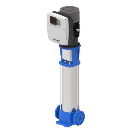 Vertical submersible multistage water pump with a blue mounting frame and top motor/controller.