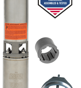 Vertical submersible pump with orange warning label, accompanied by two detachable fittings and a 'Built in the USA' emblem.