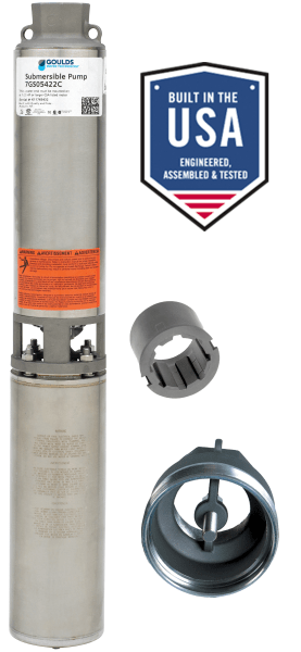 Vertical submersible pump with orange warning label, accompanied by two detachable fittings and a 'Built in the USA' emblem.