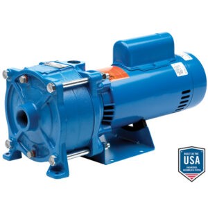 Blue industrial centrifugal pump with electric motor mounted on a base, shown from the side; 'Built in USA' badge visible.