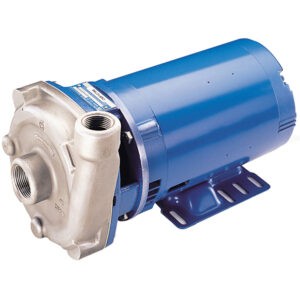 Blue electric centrifugal pump with a silver pump head and threaded inlet/outlet ports, mounted on a base plate.