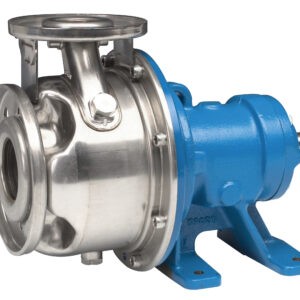 Industrial stainless steel pump head with a blue motor housing mounted on a metal frame.
