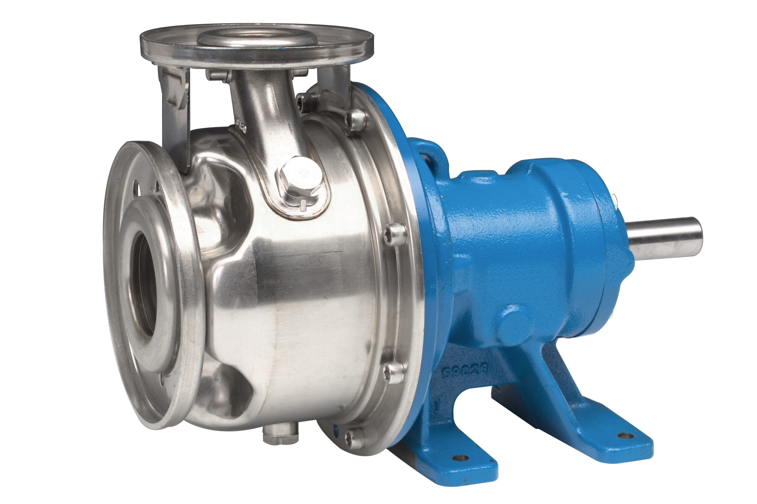 Industrial stainless steel pump head with a blue motor housing mounted on a metal frame.