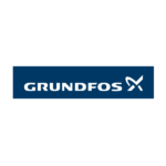 Grundfos logo: white 'GRUNDFOS' text on a dark blue banner with a stylized white emblem to the right.