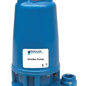 Blue Goulds Water Technology grinder pump with a bottom discharge fitting visible on the right side and lifting hooks on top; industrial submersible pump design for wastewater management.