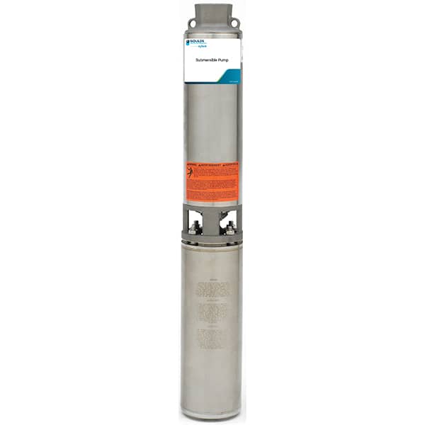 Vertical stainless steel submersible pump with an orange safety label and top mounting lug, designed for pumping water from wells or sumps.