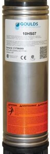 Goulds submersible pump cartridge, model 10HS07, with orange safety label and black top/bottom connectors.