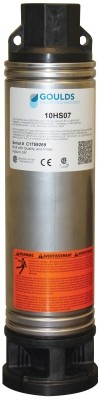 Goulds submersible pump cartridge, model 10HS07, with orange safety label and black top/bottom connectors.