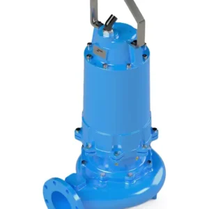 Blue industrial submersible pump with flange outlet and lifting handle, upright vertical design.